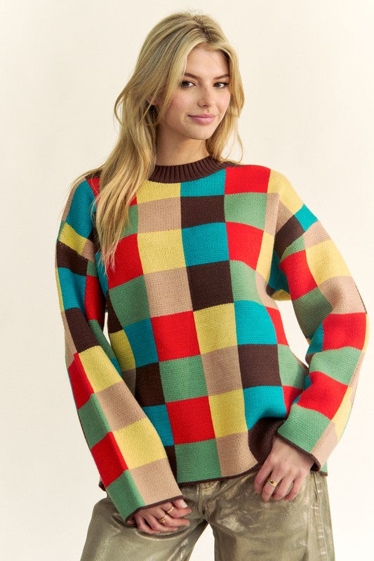 Davi & Dani Brown Multicolor Color Block Checkered Dropped Shoulder Sweater