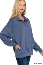 Zenana Blue IndyScuba Quarter-Zip Long Sleeve Sweatshirt