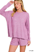 Zenana Light Plum Soft Melange Long Sleeve Tee and Shorts Set