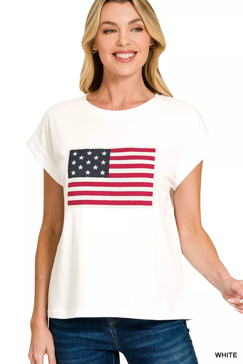 Zenana White US Flag Round Neck Short Sleeve T-Shirt Plus Size WHITE