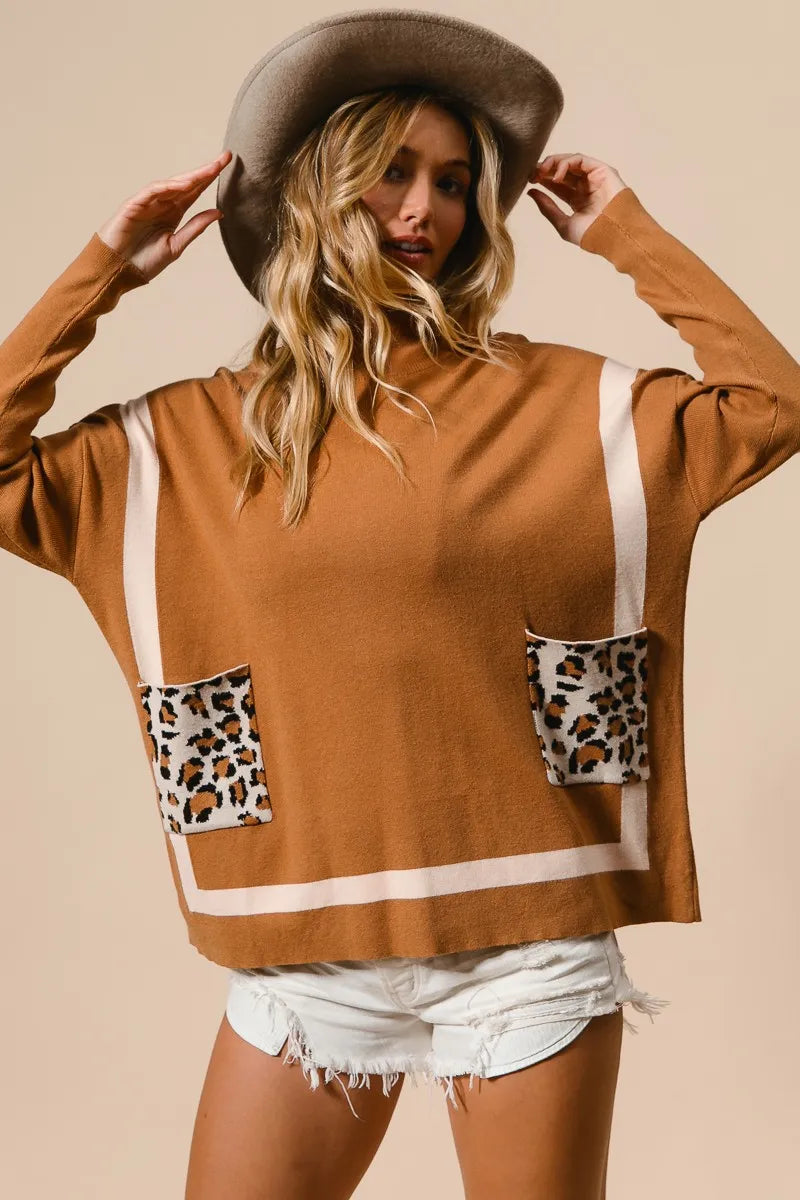BiBi Camel Mock Neck Sweater with Leopard Pocket CAMEL
