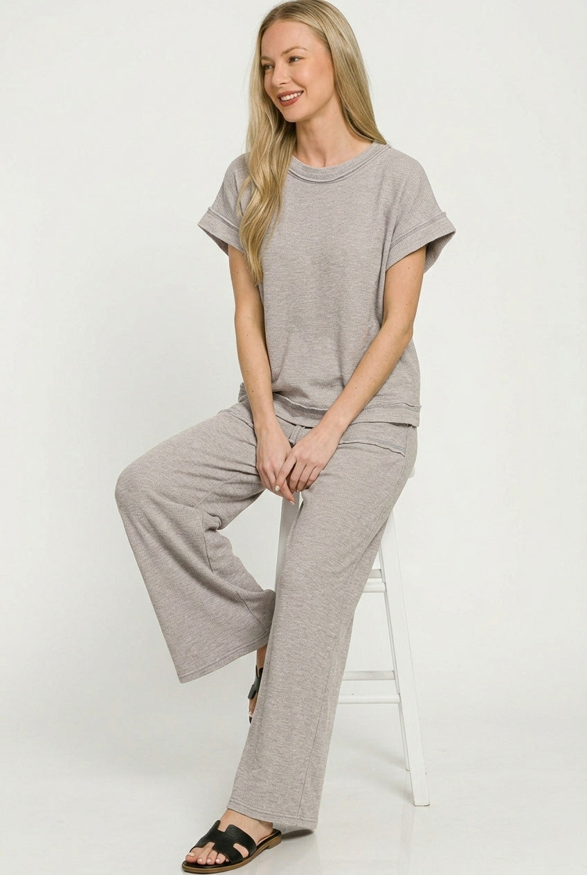 Zenana Sleet Washed Slub Short Sleeve Tee & Long Pants Set