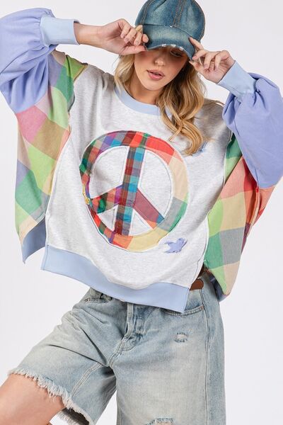 SAGE + FIG Blue Purple Contrast Peace Patch Dropped Shoulder Sweatshirt