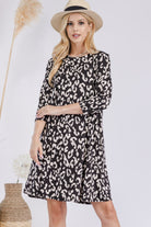 Celeste Black & Leopard Three-Quarter Sleeve Dress with Pockets Trendsi