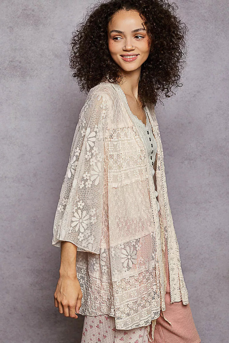 POL Lace Floral Open Front Cardigan with Trim Detail
