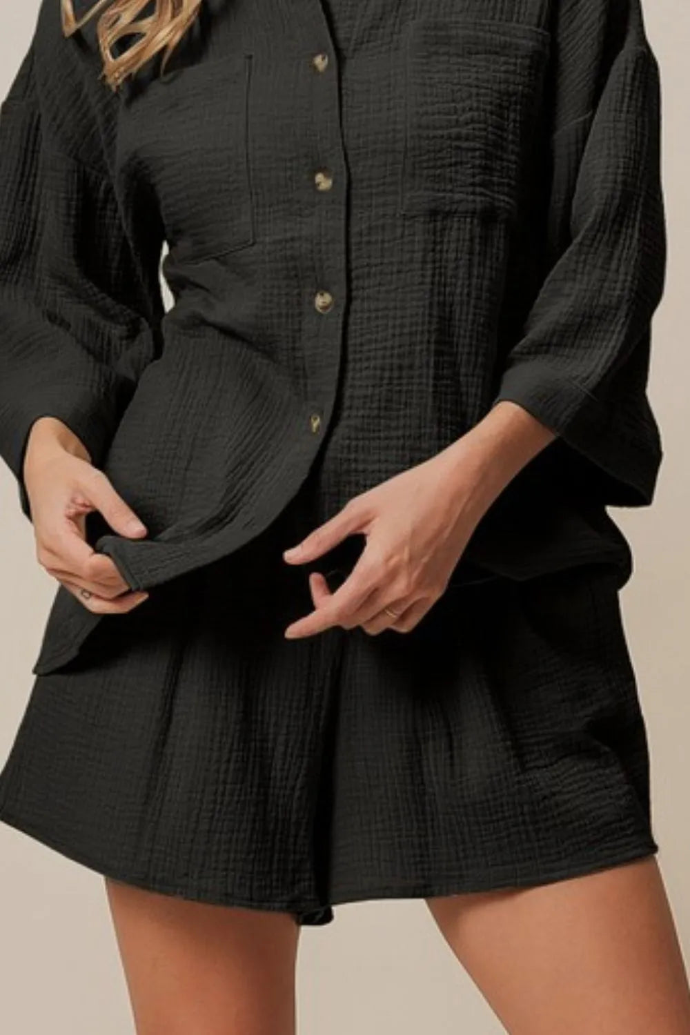 BiBi Black Crinkle Gauze Shirt and Short Set