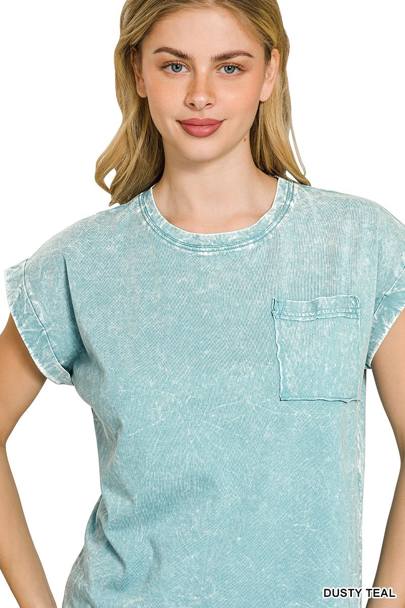 Zenana Dusty Teal Crinkle Washed Round Neck Folded Short Sleeve Tee