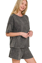 Zenana Ash Black Acid Washed Short Sleeve Tee & Shorts Set ASH BLACK