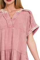 Zenana Light Rose Washed Double Gauze Raw Edge V-Neck Dress