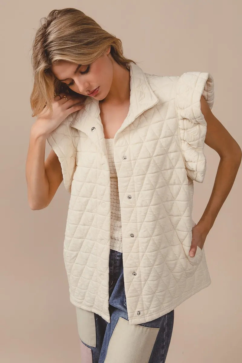 BiBi Oatmeal Quilting Knit Ruffle Sleeve Vest