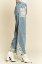 Davi & Dani Lace Applique Wide Leg Light Washed Jeans Pants