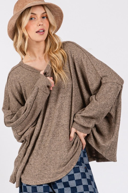 SAGE + FIG Round Neck Batwing Sleeve Oversize Top in Coffee Brown Shirts & Tops