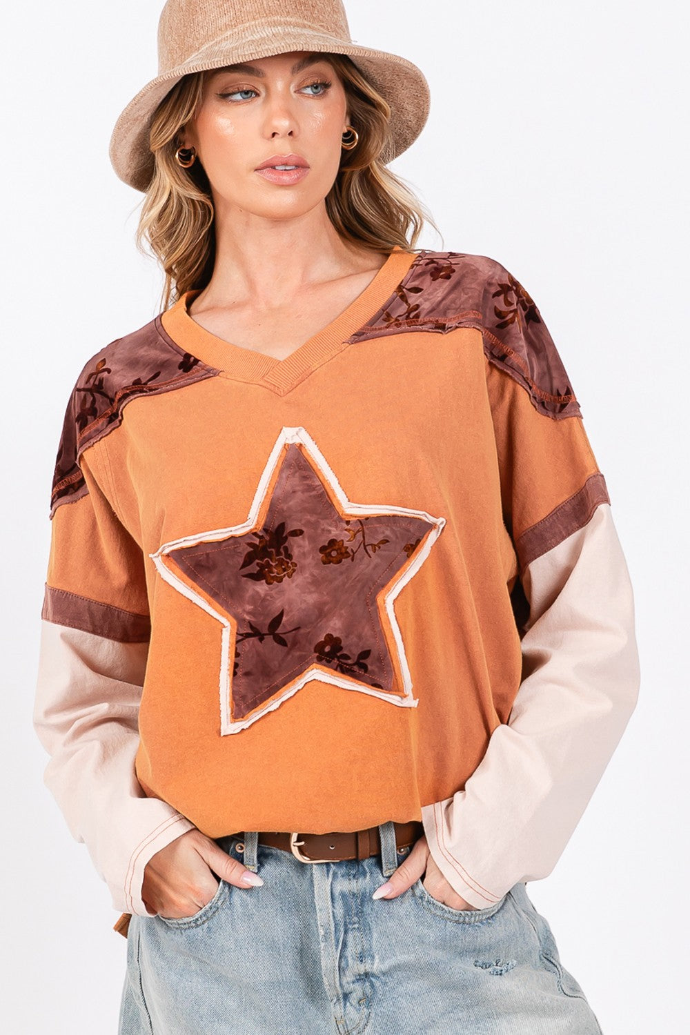 SAGE + FIG Rust Star Patch Long Sleeve Color Block T-Shirt Rust Trendsi