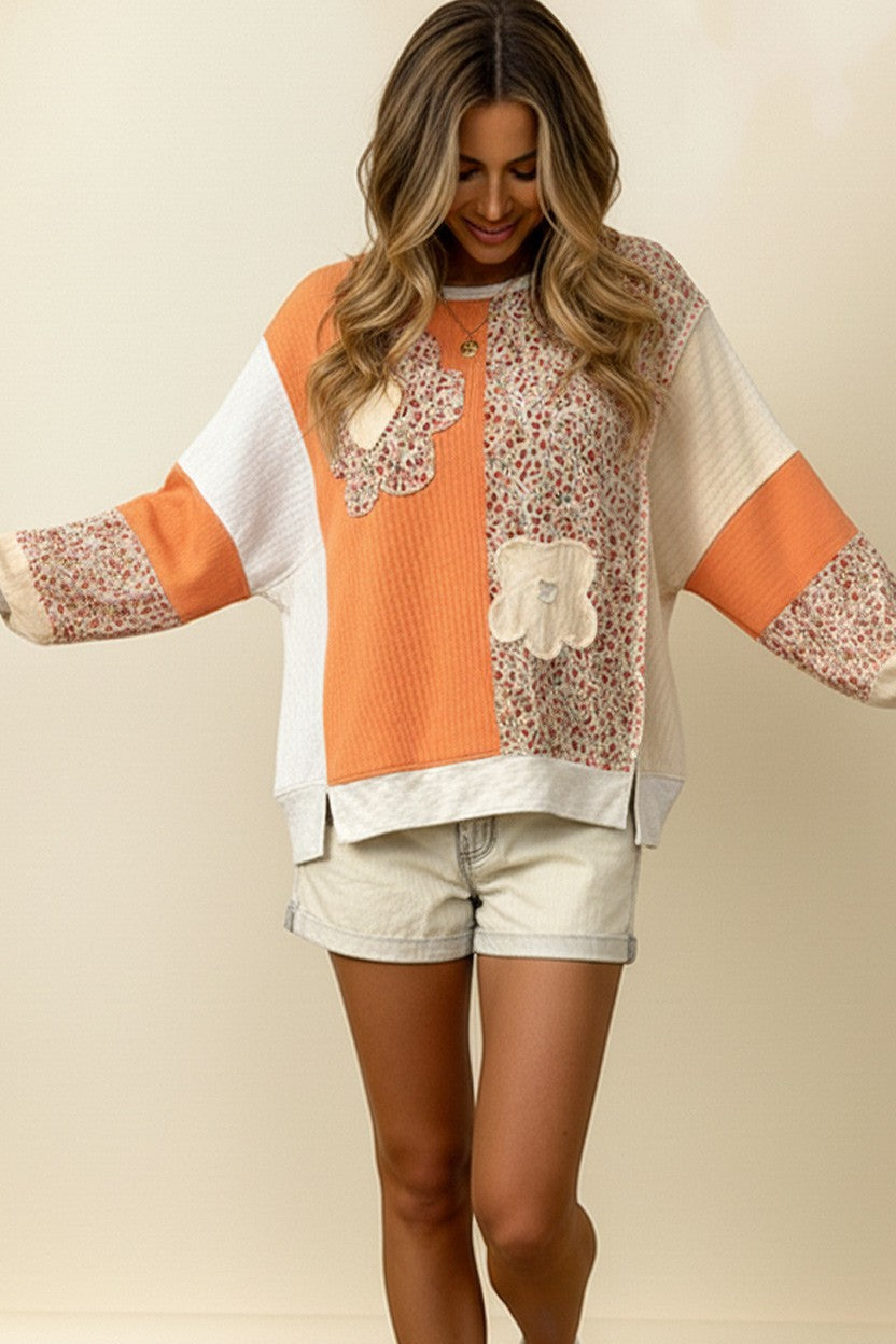 Haptics Cream & Orange Floral Patchwork Color Block Oversized Top