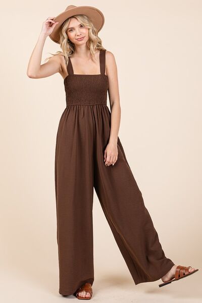 Mittoshop Airflow Ash Brown Smocked Wide Strap Wide Leg Jumpsuit