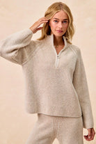 BiBi Taupe Two Tone Rib Texured Knit Collared Top with Zip Up