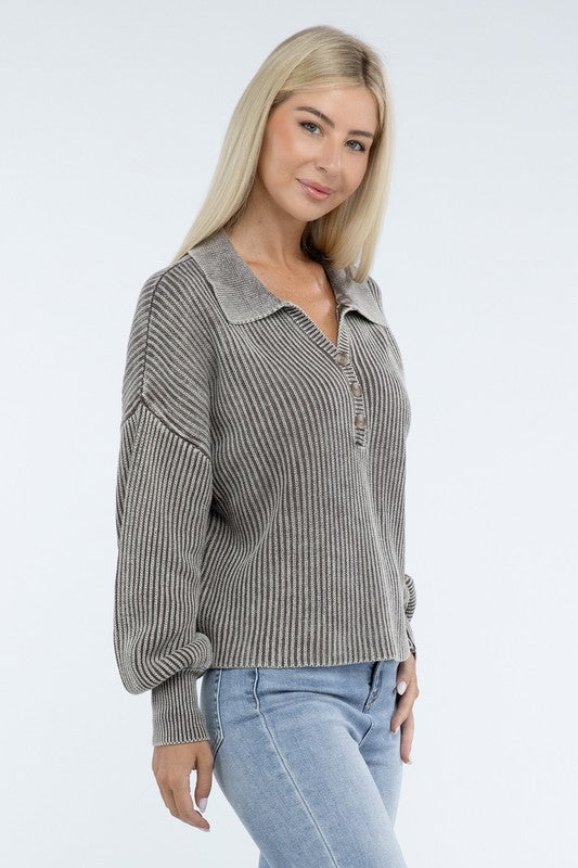 Zenana Washed Collared Henley Sweater in 6 Colors! ZENANA