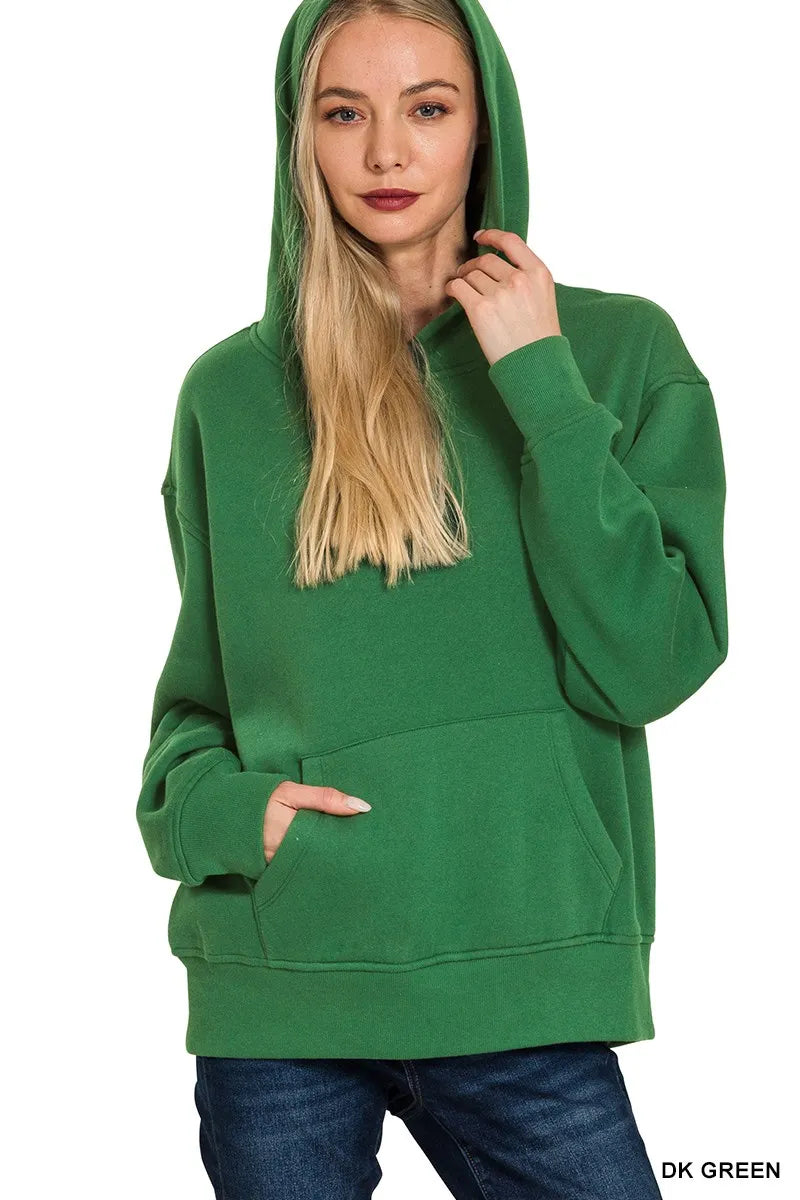 Zenana Dark Green Fleece Kangaroo Pocket Hoodie