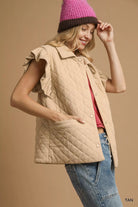Umgee Tan Corduroy Quilted Ruffle Sleeve Vest