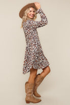 Haptics Taupe Leopard Babydoll Swing Knee Length Knit Dress