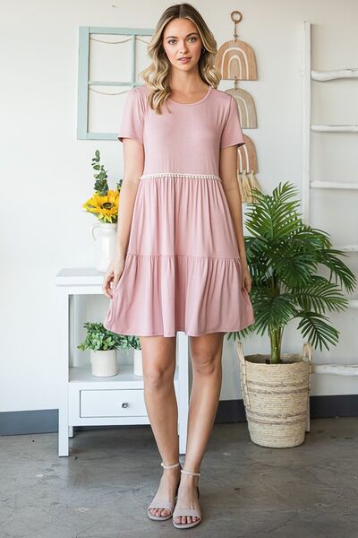 Heimish Dusty Rose Solid Mini Tiered Dress with Pompom Lace