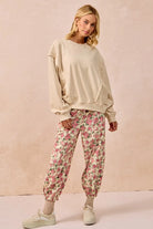 BiBi Cream & Pink Floral Printed Twill Drawstring Pants With Elastic Band