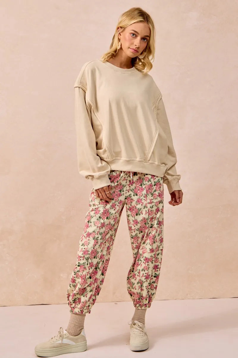 BiBi Cream & Pink Floral Printed Twill Drawstring Pants With Elastic Band