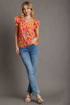 Umgee Tangerine Abstract Print V-Neck Double Layer Ruffle Sleeve Blouse