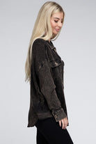 Zenana Ash Black Acid Wash Oversized Cotton Waffle Shacket Shirts & Tops