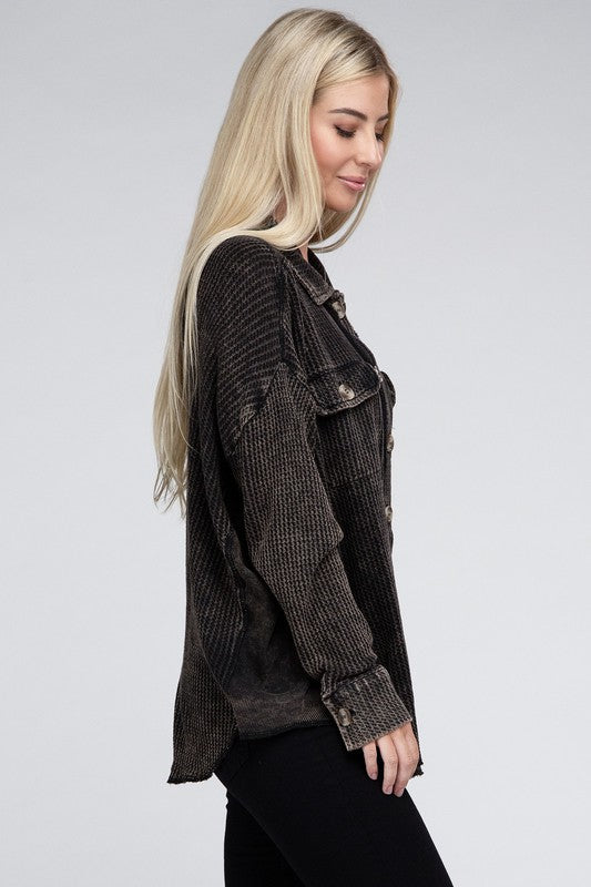 Zenana Ash Black Acid Wash Oversized Cotton Waffle Shacket ZENANA