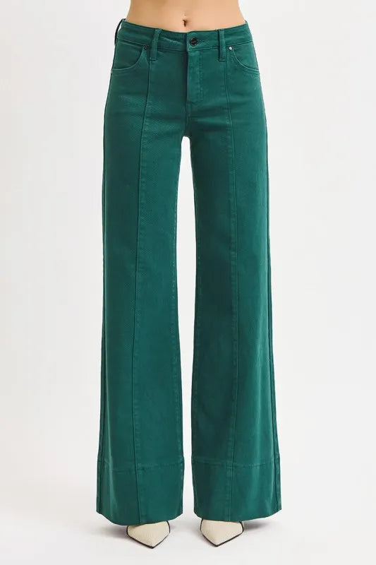 RISEN Hunter Green Tummy Control Mid Rise Wide Leg Jeans