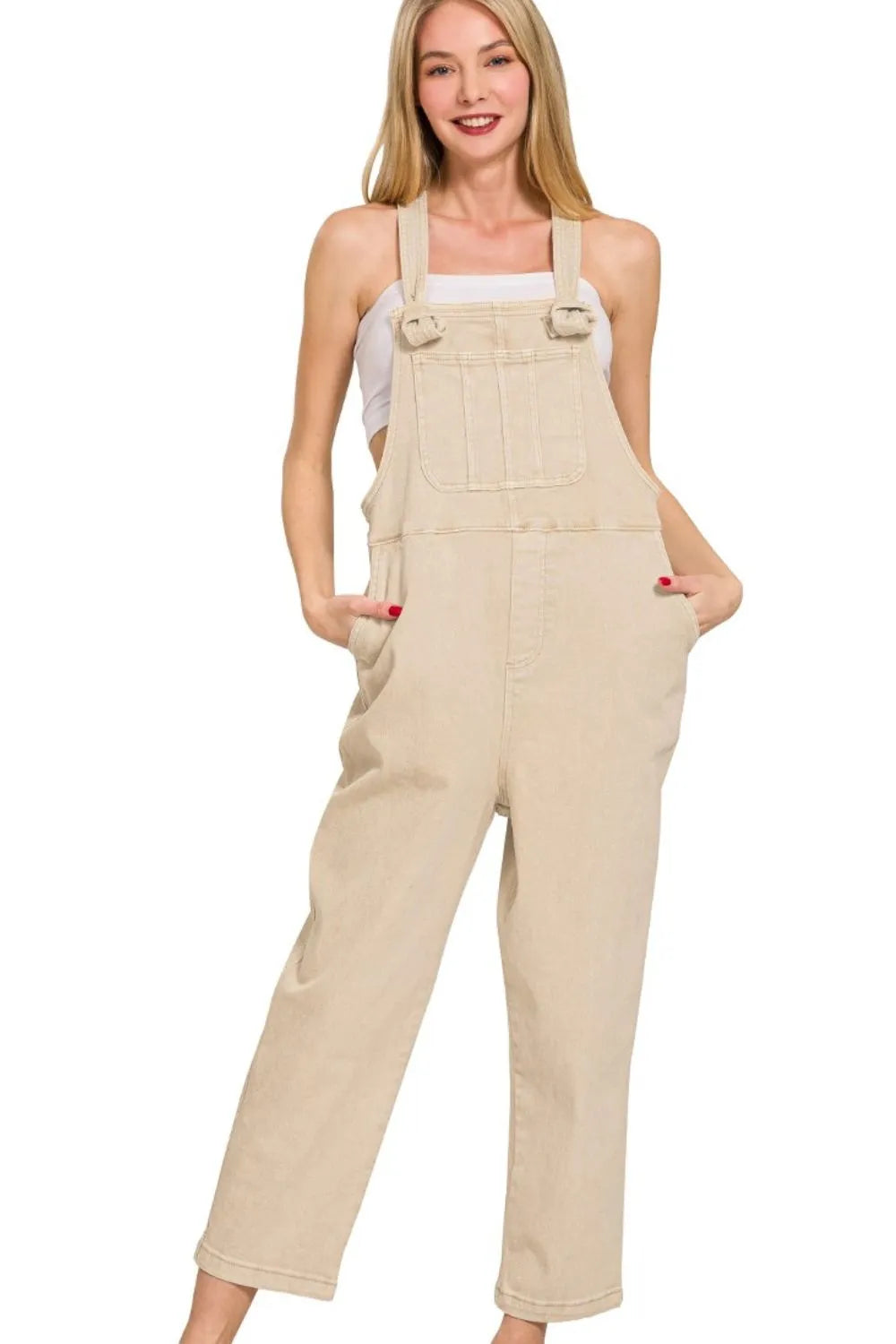 Zenana Washed Knot Strap Relaxed Fit Overalls SAND BEIGE