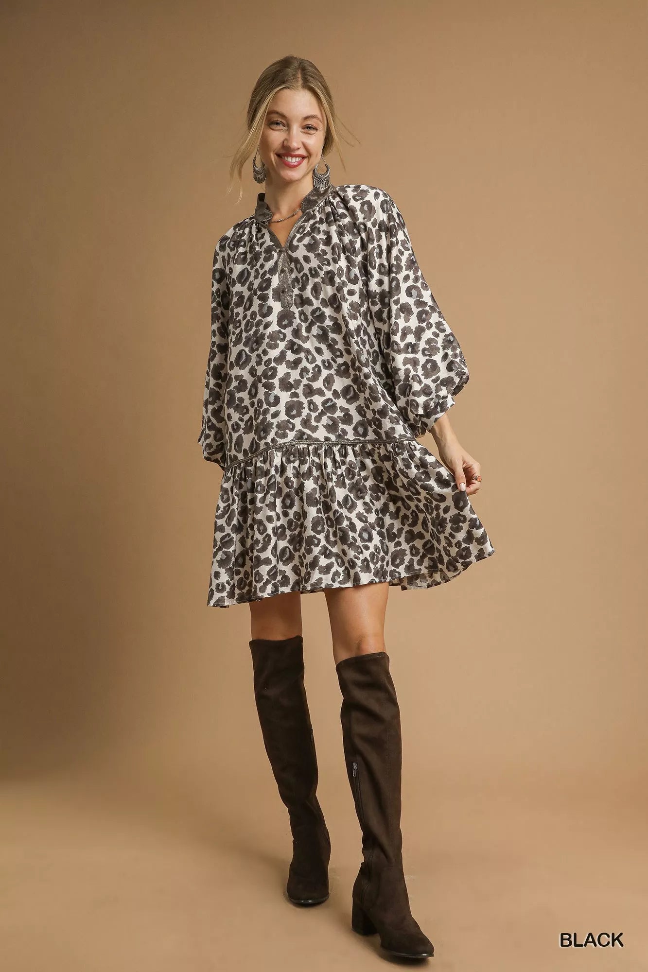 Umgee Black Leopard Print Tiered Mini Dress