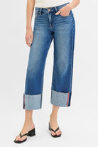 RISEN Tummy Control Mid Rise Crop Wide Cuffed Jeans DARK