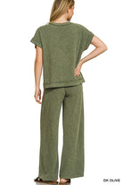 Zenana Dark Olive Washed Slub Short Sleeve Tee & Long Pants Set