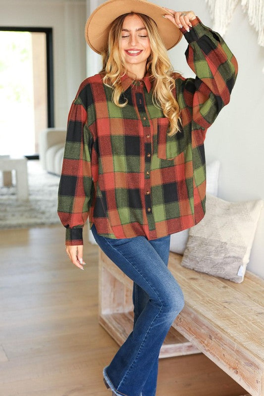 Haptics Rock'n Plaid Olive & Rust Button Down Oversized Shirt Haptics