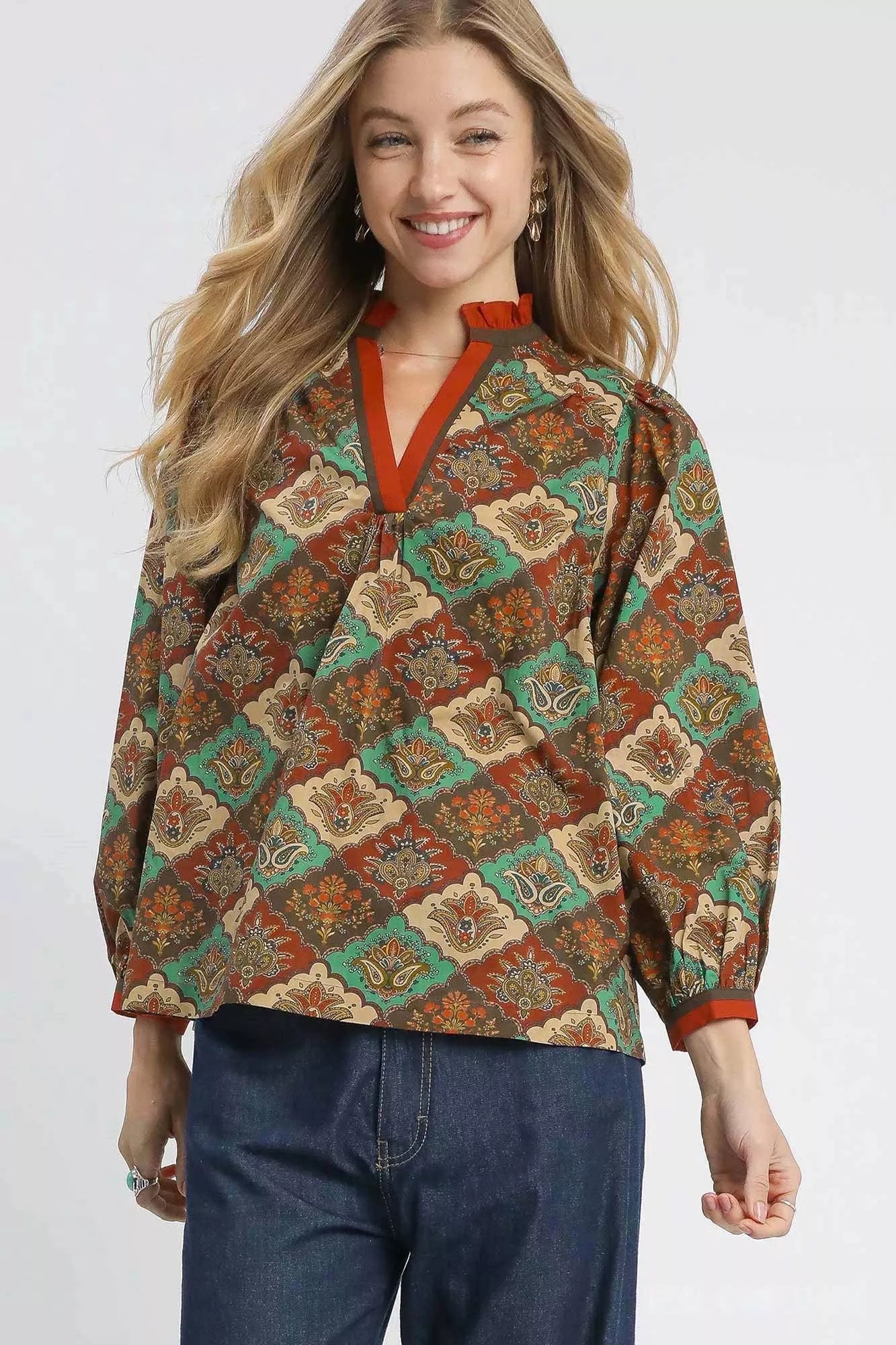 Umgee Teal Green Mix Abstract Print Ruffle Neck Blouse TEAL GREEN MIX
