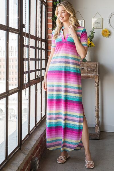 Heimish Pink Multi Color Striped Short Sleeve Maxi Dress