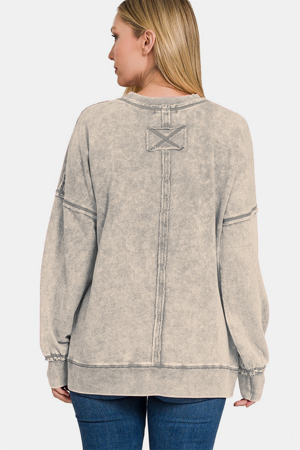 Zenana Sleet Acid Washed French Terry Exposed Seam Dropped Shoulder Sweatshirt Trendsi