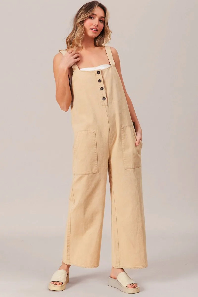 BiBi Oatmeal Washed Denim Buttoned Overall Jumpsuit OATMEAL