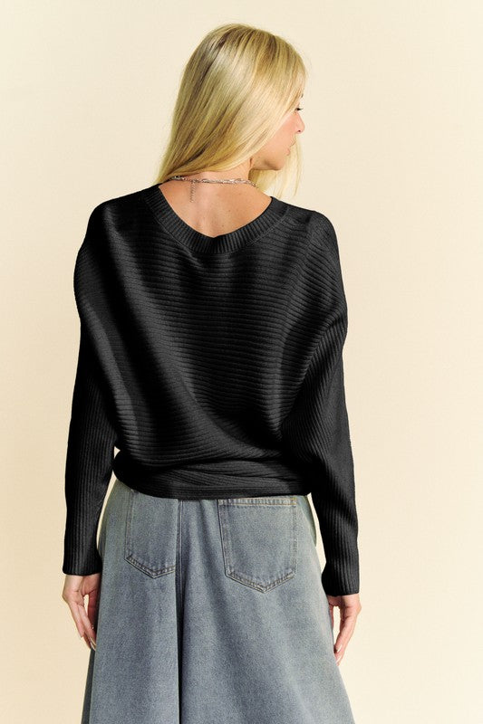 Davi & Dani Black Round Neck Batwing Sleeve Sweater