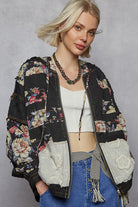 POL Vintage Washed Black Floral and Lace Patch Hooded Jacket Black