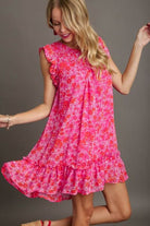 Umgee Hot Pink Smocked Detail Floral Metallic Ruffle Cap Sleeve Dress Hot Pink