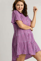 Umgee Red Violet Gingham Tiered Button Detail Short Sleeve Dress