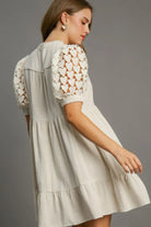 Umgee Oatmeal Ruffled Hem Heart Lace Sleeve Tie Neck Dress