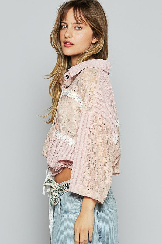 POL Blush Pink Lace Drawstring Hem Button Up 3/4 Sleeve Shacket