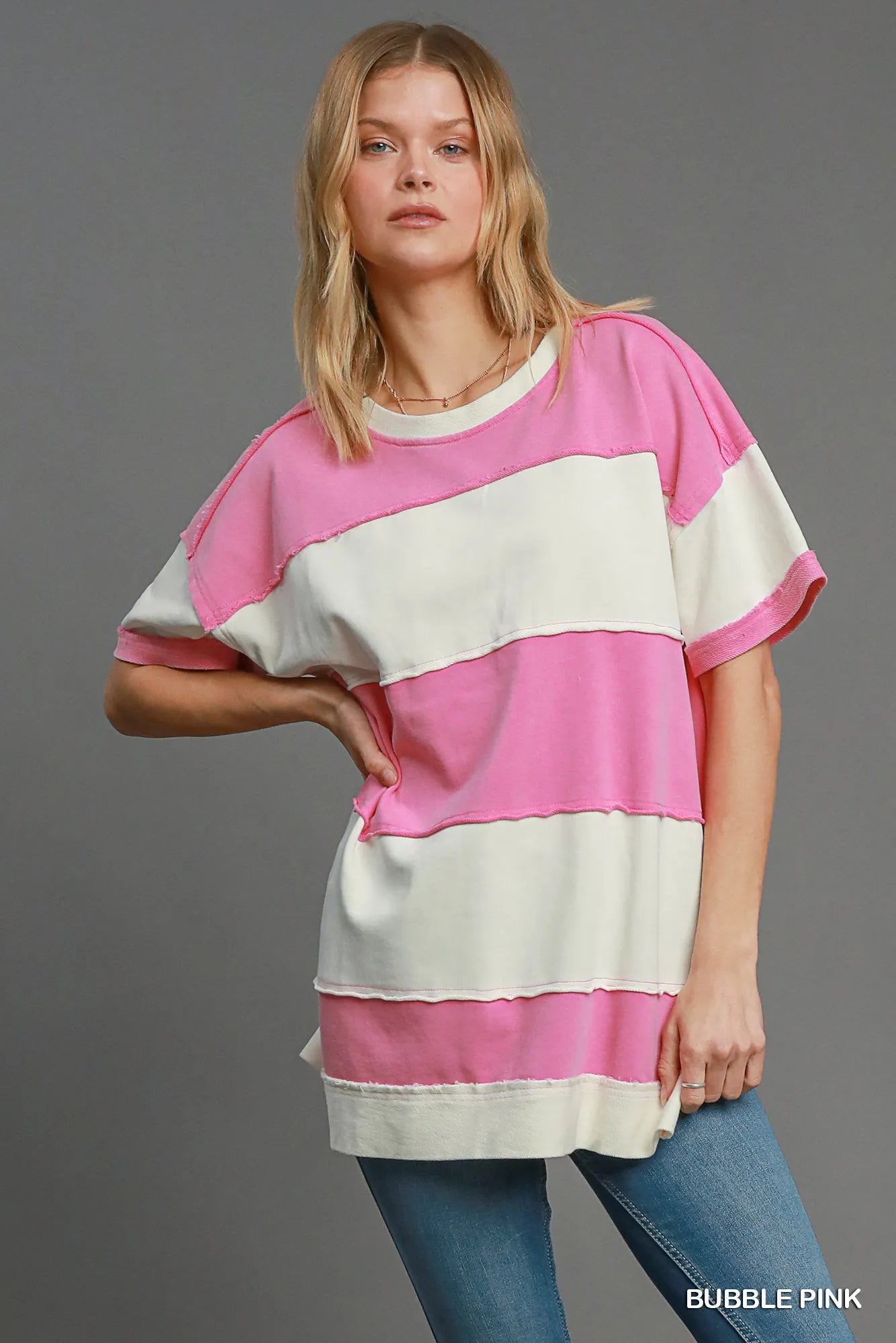 Umgee Bubble Gum Pink Mineral Wash ColorBlock Tunic Dress BUBBLE PINK