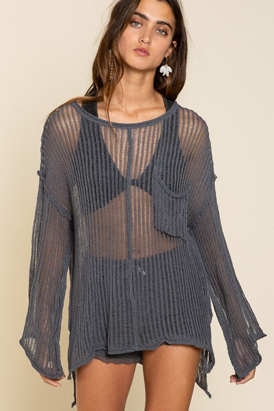 POL Loose Fit See-through Boat Neck Sweater DRIED INK POL