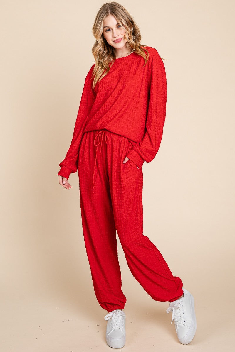 Super Lady Red Crinkle Check Textured Round Neck Top and Pants Lounge Set Trendsi