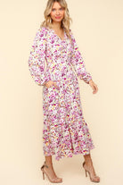 Haptics Liliac Floral V-Neck Long Sleeve Dress with Side Pockets Dresses